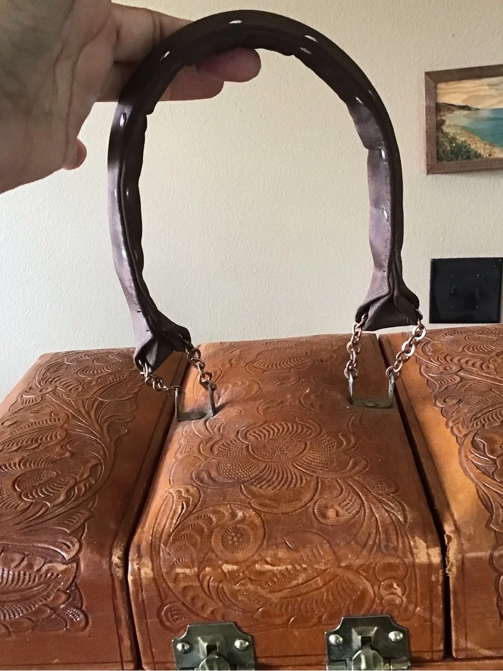 Vintage Tooled Leather Mexican Travel Vanity Train Case